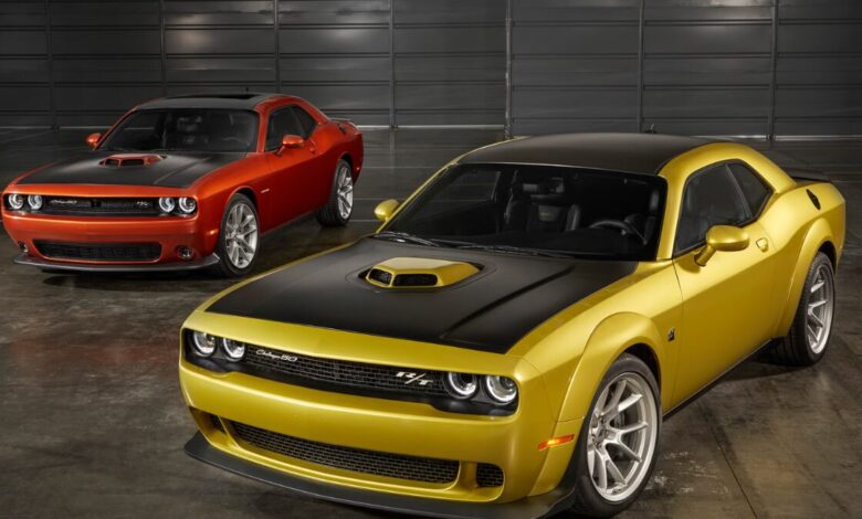 Front view of two 2020 Dodge Challenger SRT Hellcat models parked side by side