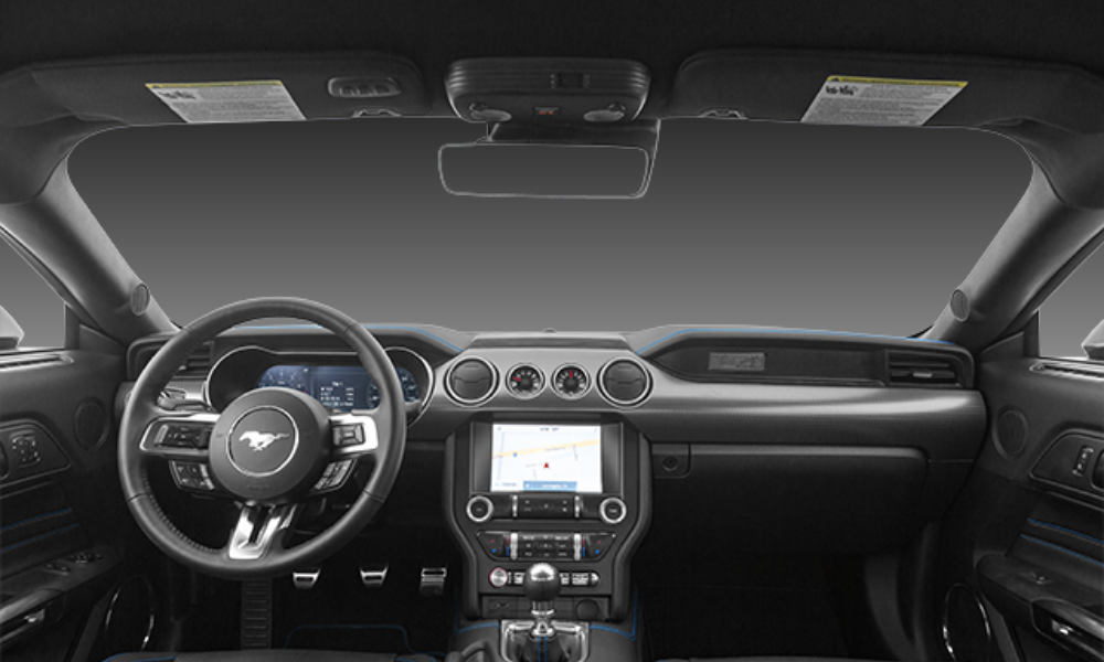 2023 Ford Mustang interior cockpit with dual digital displays and sport seats