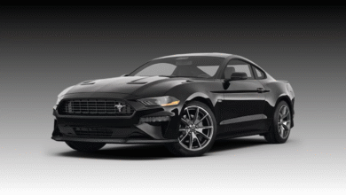 2023 Ford Mustang front view showcasing aggressive grille design and LED headlights