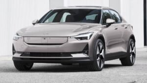 2024 Polestar 2 front view, sleek SmartZone panel and Thor's hammer LED headlights.