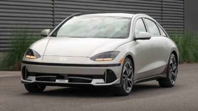 2023 Hyundai Ioniq 6 front view, pixel-style LED lights and closed grille.