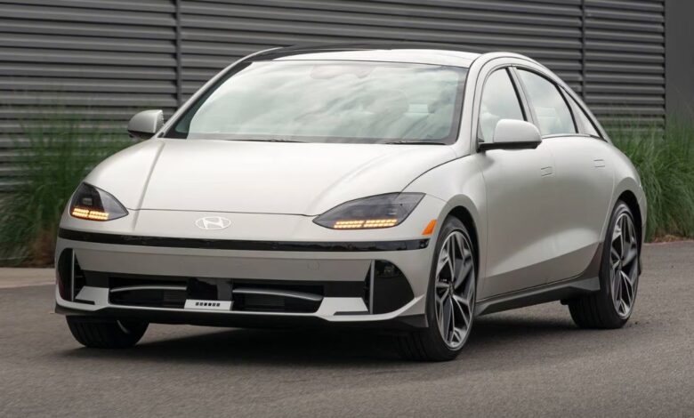 2023 Hyundai Ioniq 6 front view, pixel-style LED lights and closed grille.