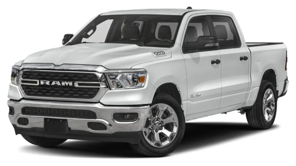 2023 RAM 1500 front view with bold grille and LED headlights