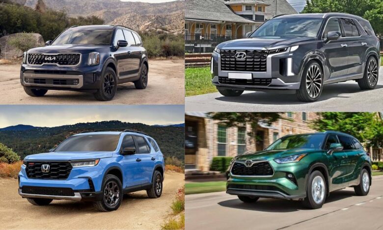 2023 three-row SUVs comparison lineup showing multiple family SUVs side by side including Hyundai, Kia, Honda, and Chevrolet models