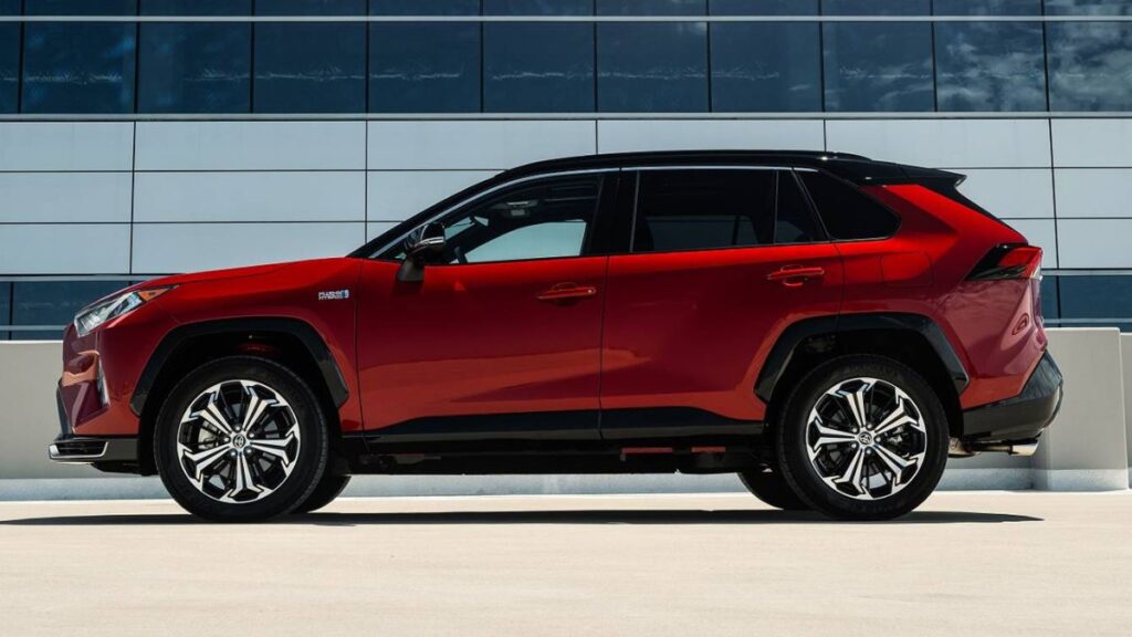 Toyota RAV4 Prime side profile with sporty stance and aerodynamic body lines