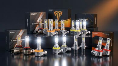 Packages of LED bulbs from SEALIGHT, Termitor, AUXITO and ZonCar arranged side by side for comparison