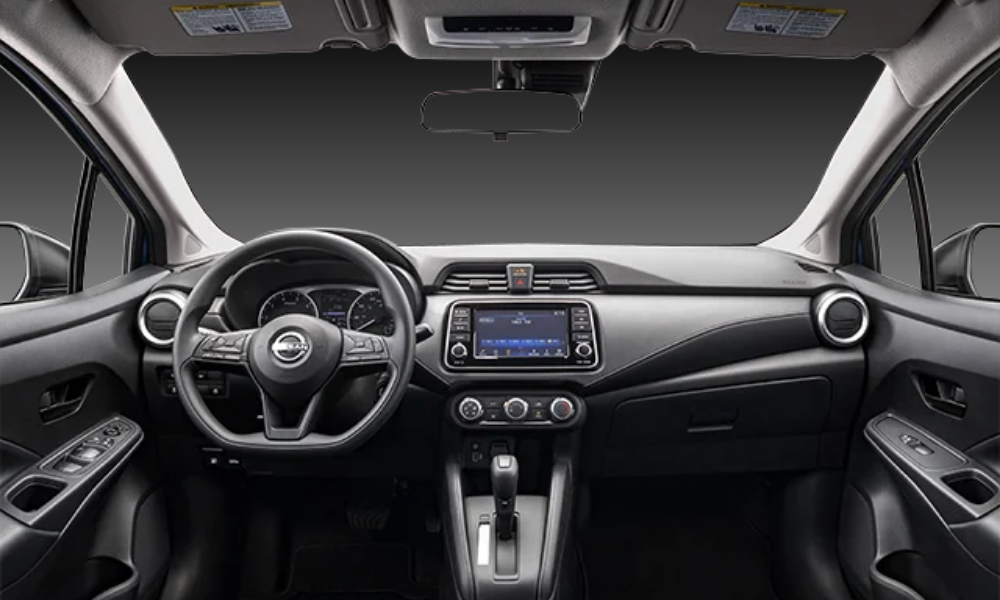 2023 Nissan Versa interior, 8-inch touchscreen and comfortable front seats.