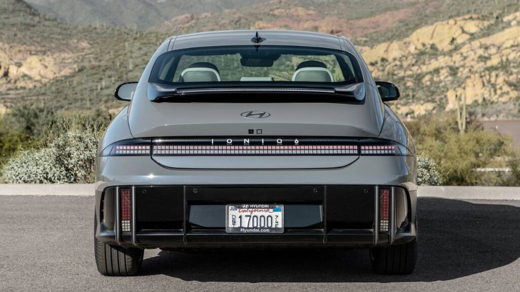 2023 Hyundai Ioniq 6 rear view, Parametric Pixel LED taillights and full-width light bar.