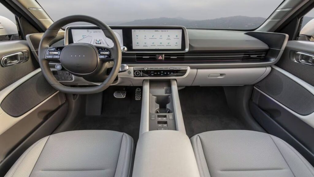 2023 Hyundai Ioniq 6 interior, dual 12.3-inch displays and pixel-inspired lighting.