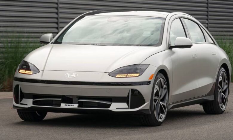 2023 Hyundai Ioniq 6 front view, Parametric Pixel LED headlights and streamlined front fascia.