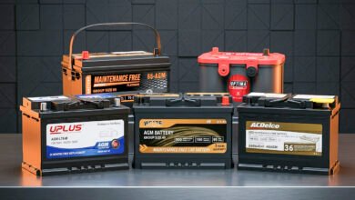 Five car and truck batteries from ACDelco, OPTIMA, WEIZE, UPLUS, and Autocessking