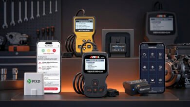 Five OBD2 scanners including ANCEL AD310, FIXD, BlueDriver, MOTOPOWER MP69033, and Veepeak OBDCheck BLE