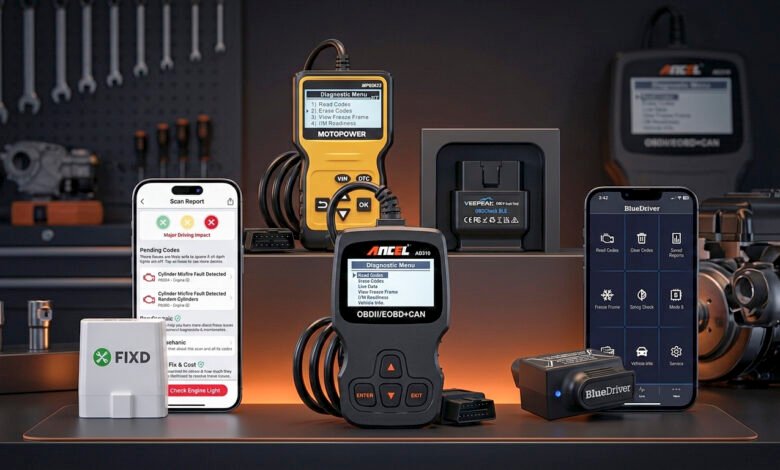 Five OBD2 scanners including ANCEL AD310, FIXD, BlueDriver, MOTOPOWER MP69033, and Veepeak OBDCheck BLE