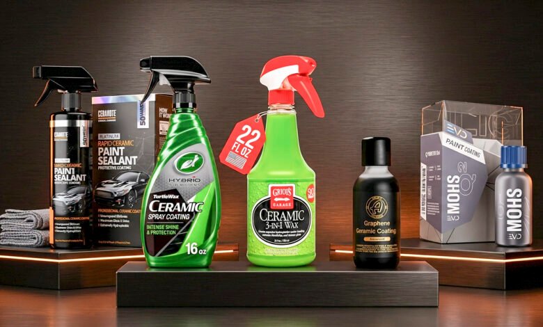 Five ceramic coating products for cars including CERAKOTE, Turtle Wax, Griot's Garage, Adam's Polishes, and GYEON