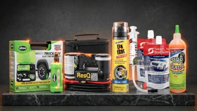 Five tire sealant products for cars including Slime Smart Spair Ultra, AIRMAN ResQ Pro+, Fix A Flat S60420, TireJect Automotive, and Berryman Seal R 1316