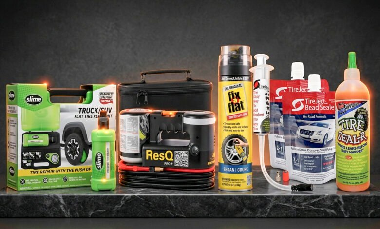 Five tire sealant products for cars including Slime Smart Spair Ultra, AIRMAN ResQ Pro+, Fix A Flat S60420, TireJect Automotive, and Berryman Seal R 1316