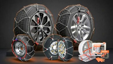 Five tire traction products for snow and ice including Peerless Auto-Trac, KÖNIG XG-12 PRO, SCC Super Z6, AutoSock HP697, and KÖNIG CG-9