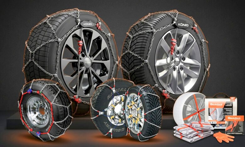 Five tire traction products for snow and ice including Peerless Auto-Trac, KÖNIG XG-12 PRO, SCC Super Z6, AutoSock HP697, and KÖNIG CG-9