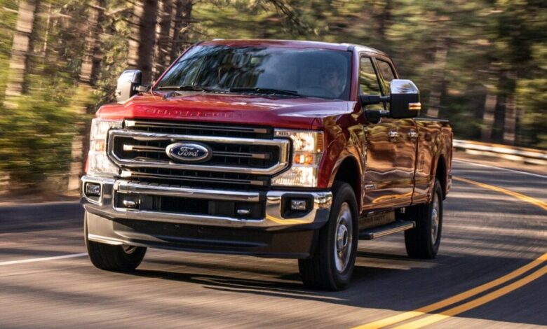 2022 Ford F-250 Super Duty Crew Cab front view showing grille, headlights, and bold heavy-duty styling