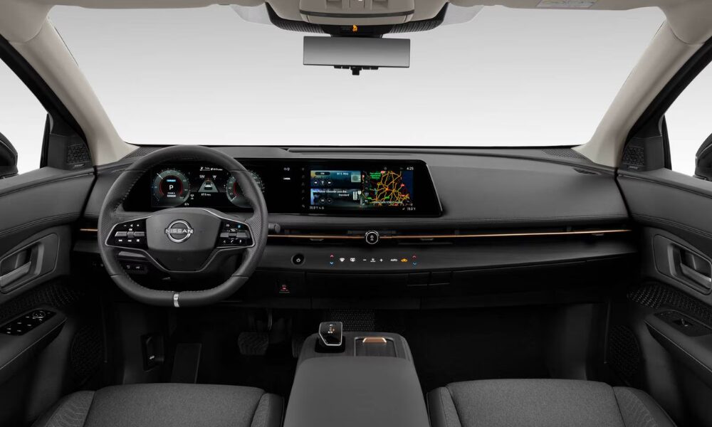 2023 Nissan Ariya EV interior featuring digital displays and minimalist dashboard