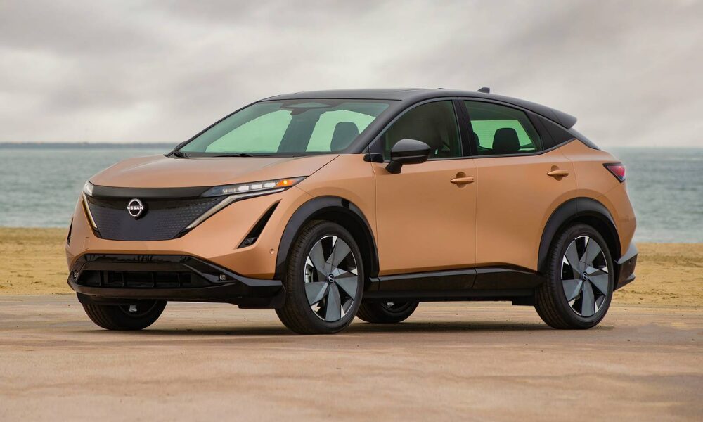 2023 Nissan Ariya EV front view with LED headlights and sleek electric SUV design