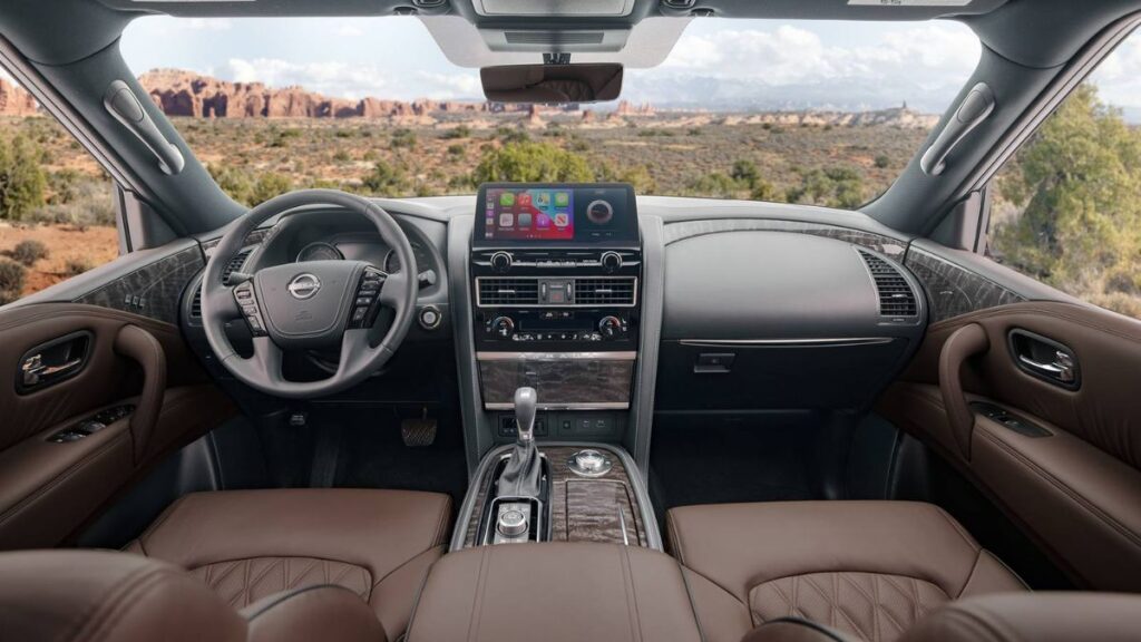 2023 Nissan Armada premium interior with large touchscreen and leather seating