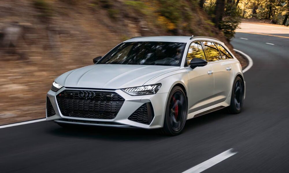 2024 Audi RS 6 Wagon front view showcasing aggressive grille, LED headlights, and performance-focused design