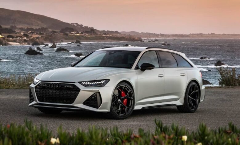 2024 Audi RS 6 Wagon front view showcasing aggressive grille, LED headlights, and performance-focused design