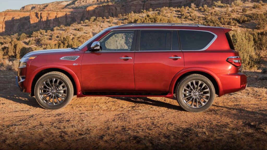 2022 Nissan Armada side profile showing full-size three-row configuration, extended wheelbase, generous greenhouse, and 20-inch or 22-inch alloy wheels
