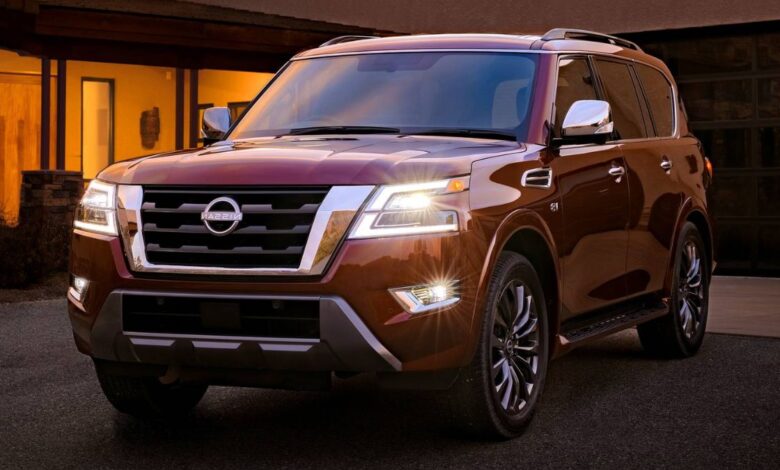 2022 Nissan Armada front view showing bold chrome grille, dual LED headlights, and commanding front end design of three-row full-size SUV