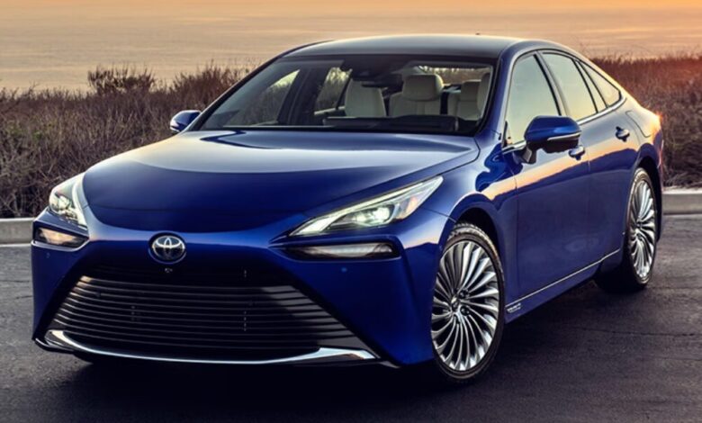 Front exterior of the 2025 Toyota Mirai hydrogen sedan.