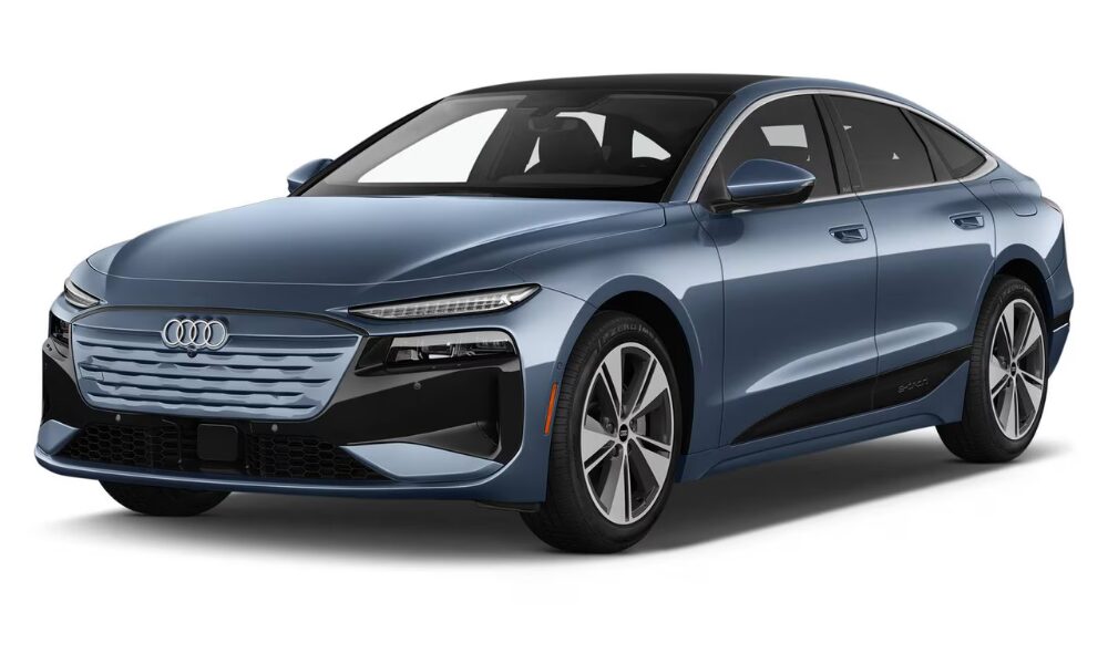 Front angle of a modern electric luxury hatchback with sharp LED headlights.