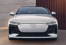 2025 Audi A6 Sportback e-tron front view showing its sleek electric design and LED headlights.