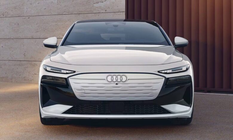 2025 Audi A6 Sportback e-tron front view showing its sleek electric design and LED headlights.