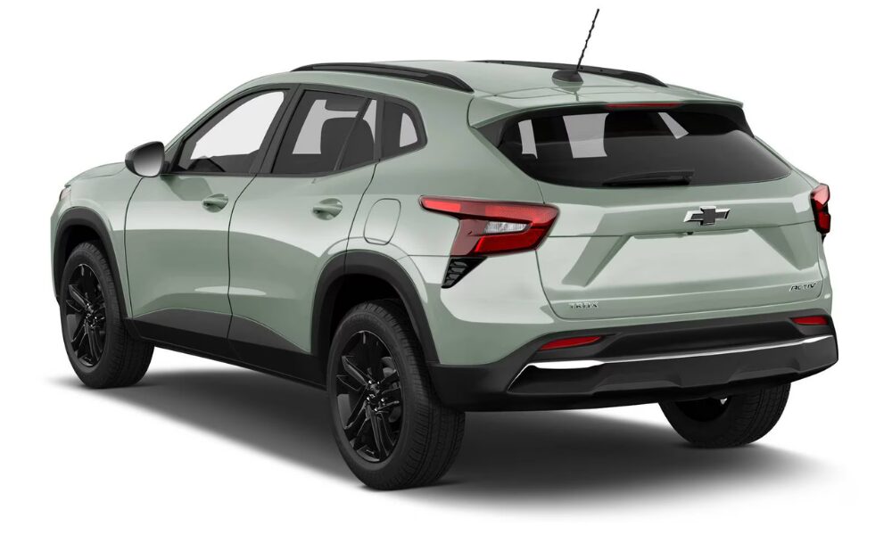 Back view of 2025 Chevrolet Trax in green with LED taillights and sporty rear styling