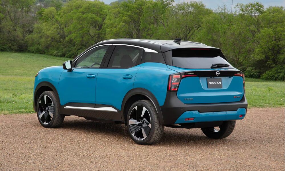 2025 Nissan Kicks rear view with sculpted tailgate and wide LED taillights