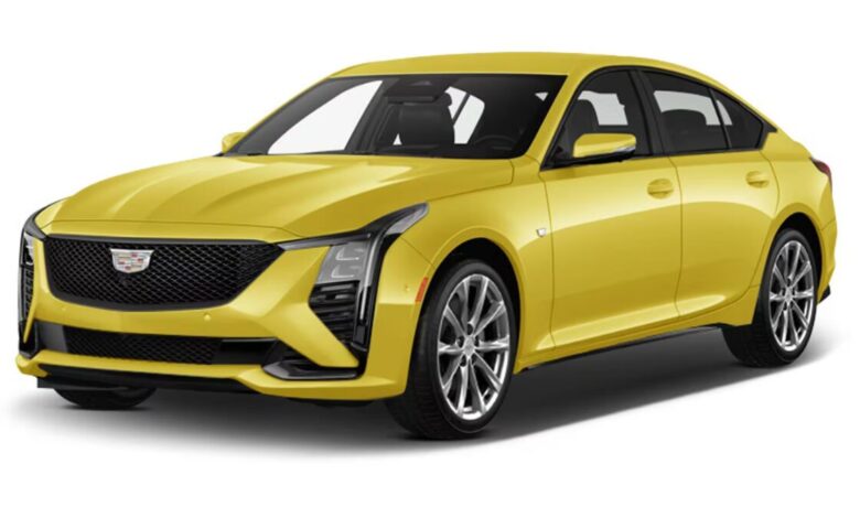 2026 Cadillac CT5 front view with LED headlights and wide black grille.