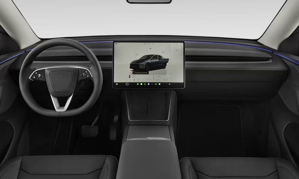 Minimalist cabin layout with central touchscreen and ambient lighting