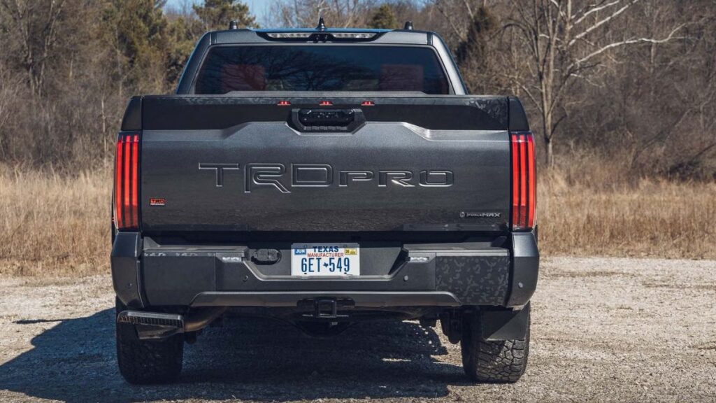 2026 Toyota Tundra rear view, LED taillights and strong tailgate design.