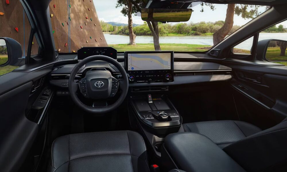 Interior of 2026 Toyota bZ showing digital dashboard, floating console, and eco-friendly seats