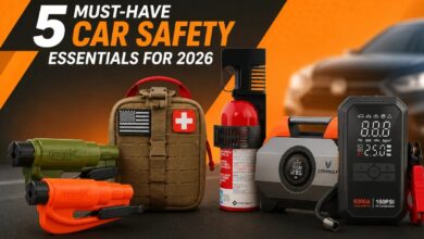 5 Must-Have Car Safety Essentials for 2026 featuring emergency escape tools, trauma kit, fire extinguisher, tire inflator, and portable jump starter