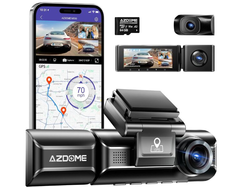AZDOME M550 3 Channel Dash Cam, 4K+2.5K Dual Dash Camera for Cars Built-in WiFi GPS