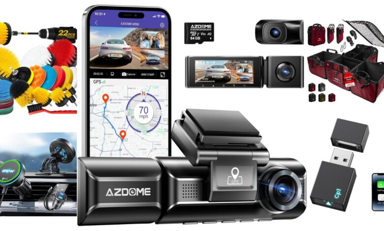 Top 7 car accessories including dash cam, wireless CarPlay adapter, MagSafe charger, trunk organizer, dog seat extender, seat covers, and car cleaning kit.