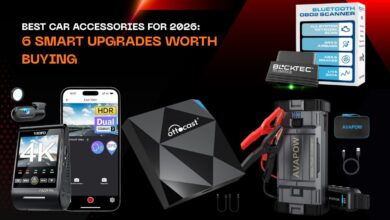Top best car accessories 2026 including dash cam, CarPlay adapter, jump starter, OBD2 scanner, and SUV air mattress
