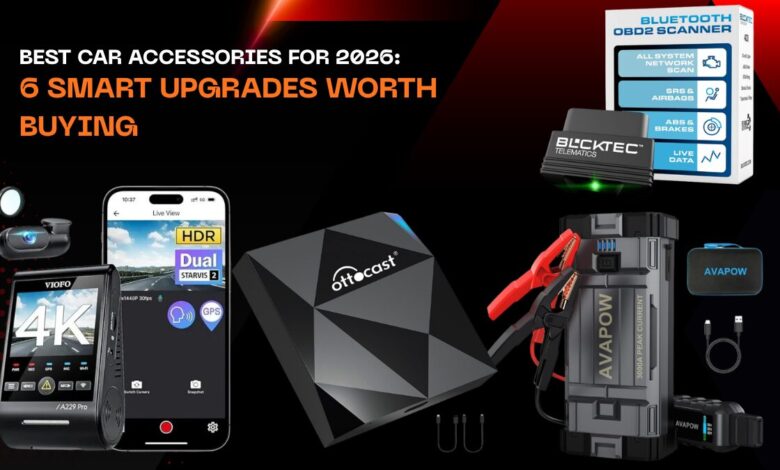 Top best car accessories 2026 including dash cam, CarPlay adapter, jump starter, OBD2 scanner, and SUV air mattress