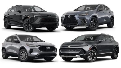 Group photo of four 2025 SUVs: Jeep Grand Cherokee, Tesla Model Y, Chevrolet Blazer EV, and Acura ZDX lined up together to showcase exterior design and size comparison.