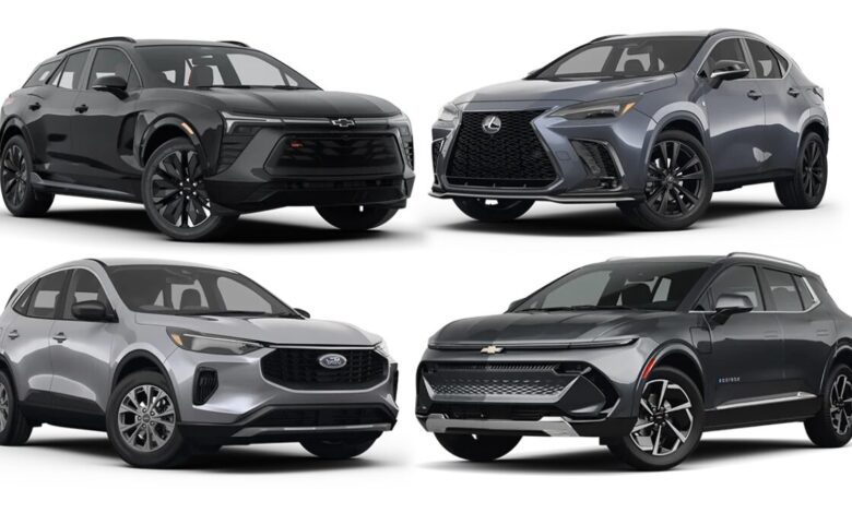 Group photo of four 2025 SUVs: Jeep Grand Cherokee, Tesla Model Y, Chevrolet Blazer EV, and Acura ZDX lined up together to showcase exterior design and size comparison.