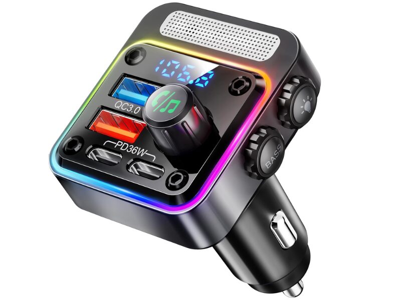 Nulaxy 54W Bluetooth 5.3 FM transmitter car adapter with four fast charging ports.