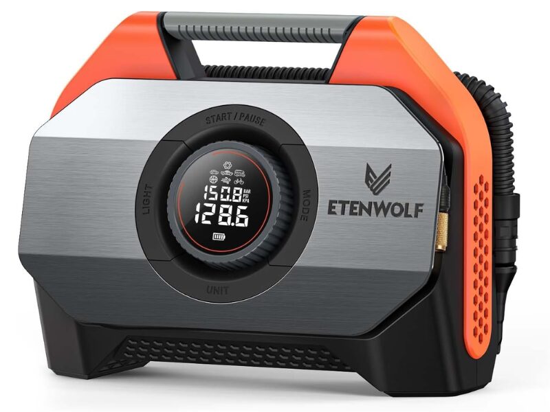 ETENWOLF Vortex S6 heavy duty cordless tire inflator with dual cylinders and 19200 mAh battery.