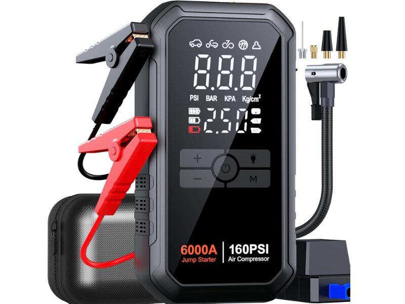 Heuuv 10 in 1 6000A portable jump starter with built in air compressor and 26800mAh battery.